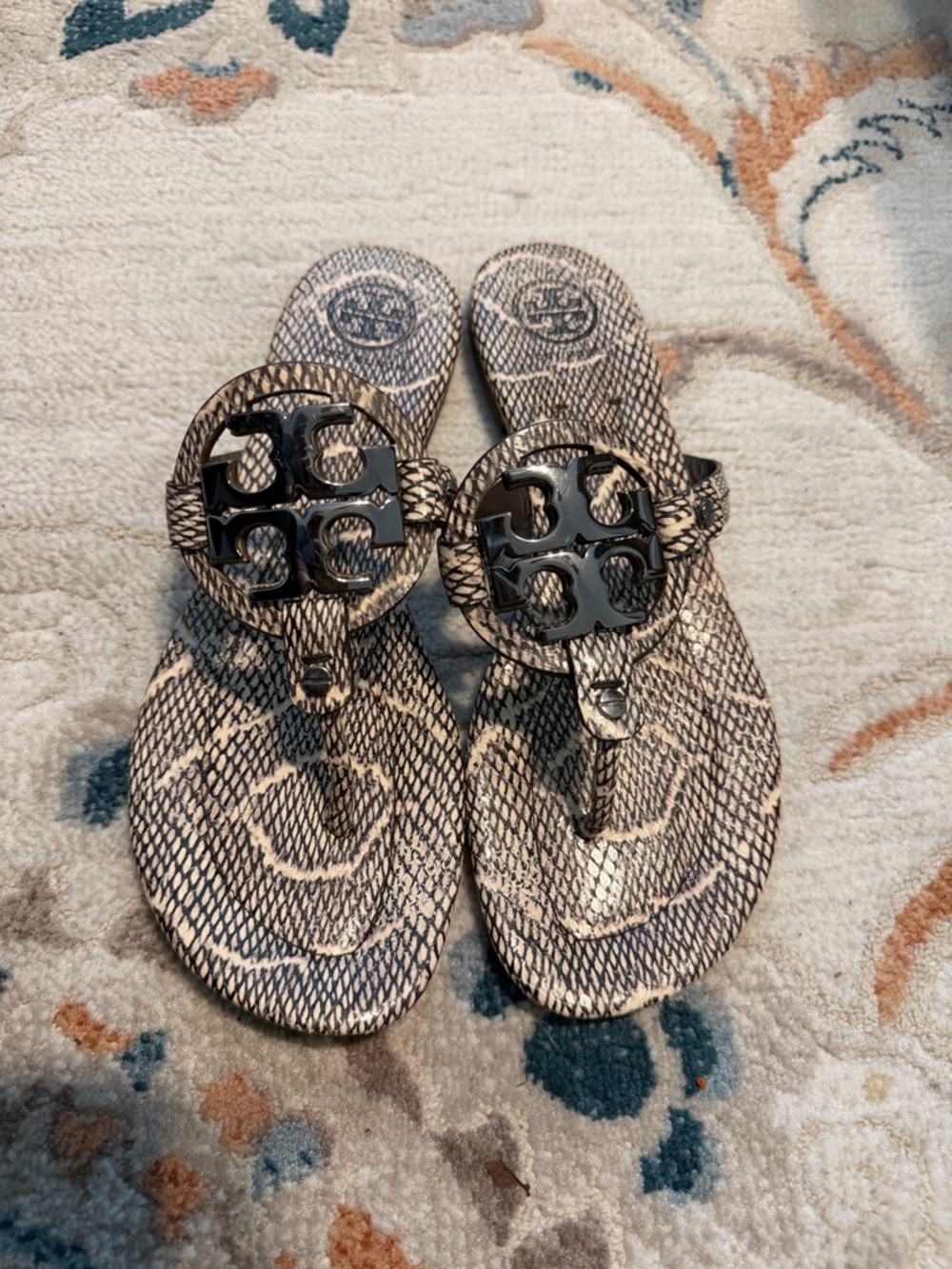 Tory Burch Snake-Print Miller Thong Sandal with Black Logo Size 10